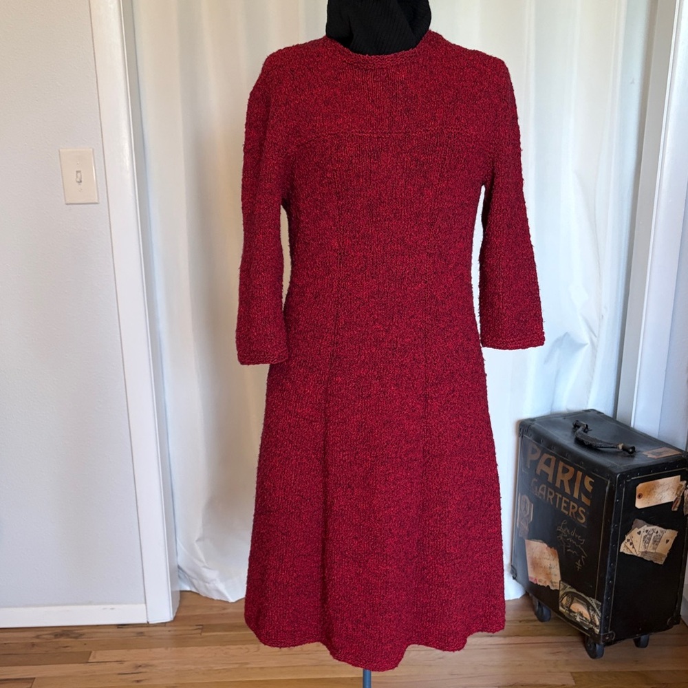 Chic Red 3/4 Sleeve Women's Sweater Dress Medium Handmade Vintage